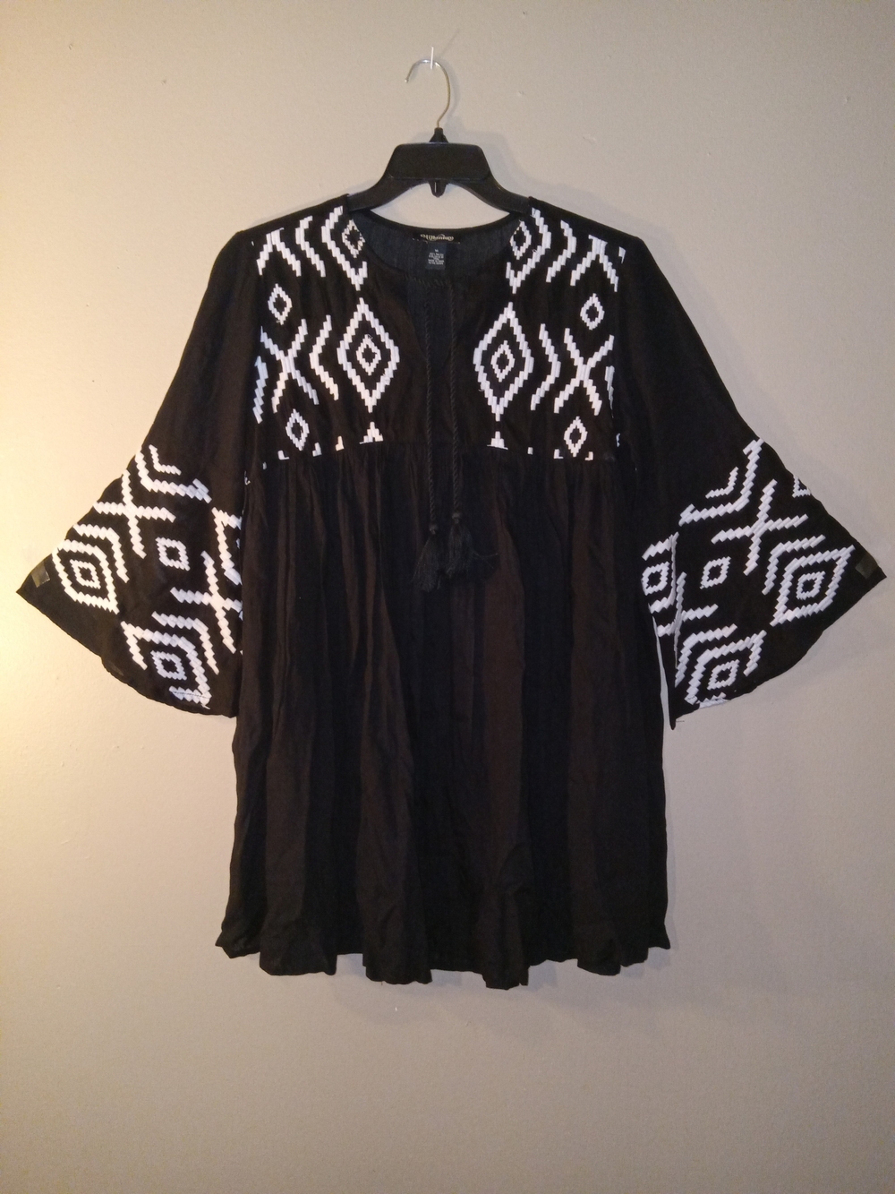 Black Embroidered Boho Tunic with White Geometric Detail
